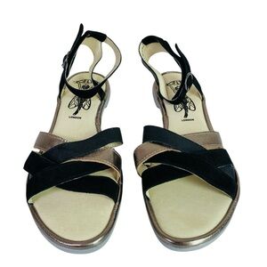 Fly London Cune Leather Black/Bronze Multi Strap Sandals Size 10.5/11